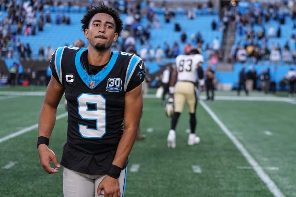 CHARLOTTE, NORTH CAROLINA - NOVEMBER 03: Bryce Young #9 of the Carolina Panthers runs off the field after winning his game against the New Orleans Saints at Bank of America Stadium on November 03, 2024 in Charlotte, North Carolina. 