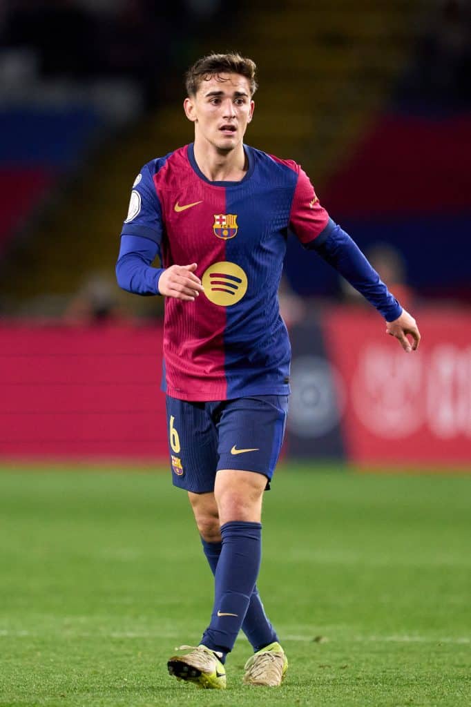 BARCELONA, SPAIN - FEBRUARY 25: Gavi of FC Barcelona looks on during the Copa del Rey Semi Final match between FC Barcelona and Atletico de Madrid at Estadi Olimpic Lluis Companys on February 25, 2025 in Barcelona, Spain. 