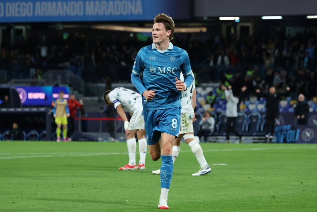 Scott McTominay of Napoli celebrates after scoring his side third goal during the Serie A match between Napoli and Empoli at Stadio Diego Armando Maradona on April 14, 2025 in Naples, Italy.