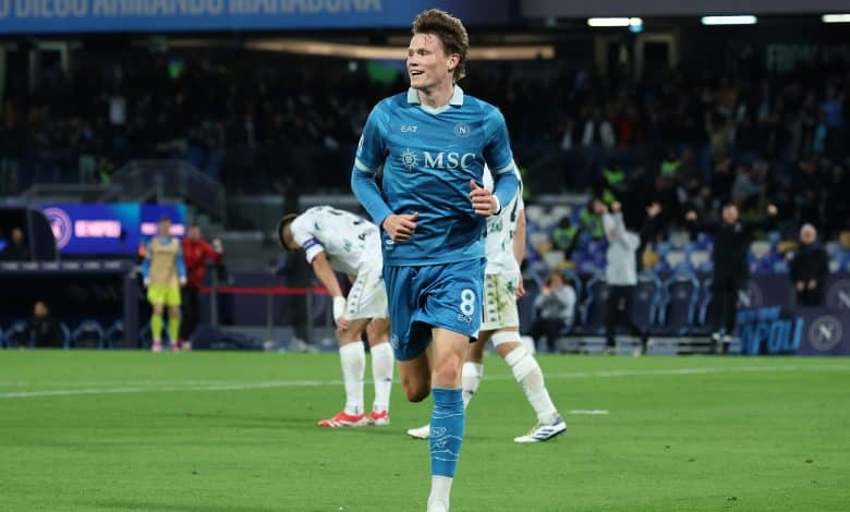 Post Manchester United glow - NAPLES, ITALY - APRIL 14: Scott McTominay of Napoli celebrates after scoring his side third goal during the Serie A match between Napoli and Empoli at Stadio Diego Armando Maradona on April 14, 2025 in Naples, Italy.