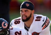 KANSAS CITY, MISSOURI - AUGUST 22: Quarterback Caleb Williams #18 of the Chicago Bears warms up prior to the NFL Preseason 2025 game against the Kansas City Chiefs at Arrowhead Stadium on August 22, 2025 in Kansas City, Missouri.