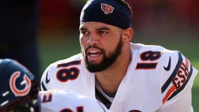KANSAS CITY, MISSOURI - AUGUST 22: Quarterback Caleb Williams #18 of the Chicago Bears warms up prior to the NFL Preseason 2025 game against the Kansas City Chiefs at Arrowhead Stadium on August 22, 2025 in Kansas City, Missouri.