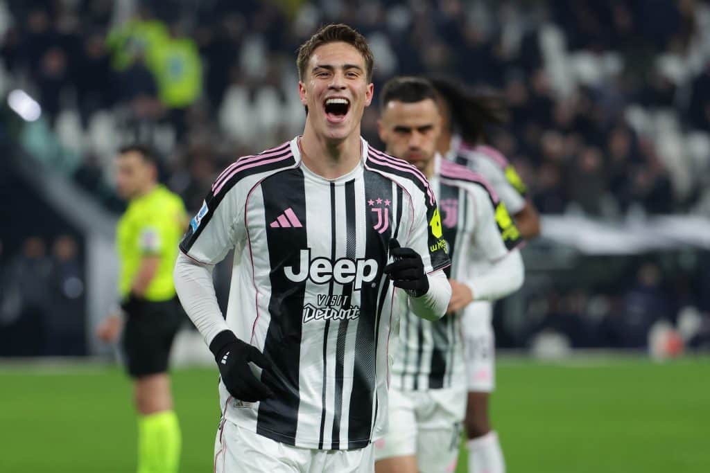 Kenan Yildiz of Juventus celebrates after scoring his team's second goal during the Serie A match between Juventus FC and Cagliari Calcio at Juventus Stadium on November 29, 2025 in Turin, Italy.