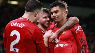 MANCHESTER, ENGLAND - DECEMBER 15: Casemiro of Manchester United celebrates scoring their second goal with Diogo Dalot and Mason Mount during the Premier League match between Manchester United and Bournemouth at Old Trafford on December 15, 2025 in Manchester, England.