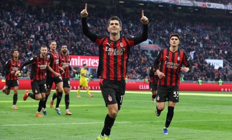 MILAN, ITALY - DECEMBER 28: Christian Pulisic of AC Milan celebrates after scoring the goal during the Serie A match between AC Milan and Hellas Verona FC at Giuseppe Meazza Stadium on December 28, 2025 in Milan, Italy.