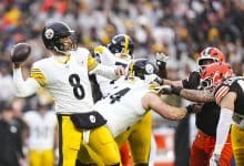 CLEVELAND, OHIO - DECEMBER 28: Aaron Rodgers #8 of the Pittsburgh Steelers throws the ball during an NFL football game against the Cleveland Browns at Huntington Bank Field on December 28, 2025 in Cleveland, Ohio.