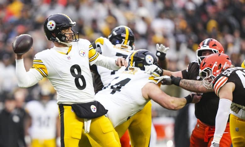 CLEVELAND, OHIO - DECEMBER 28: Aaron Rodgers #8 of the Pittsburgh Steelers throws the ball during an NFL football game against the Cleveland Browns at Huntington Bank Field on December 28, 2025 in Cleveland, Ohio.