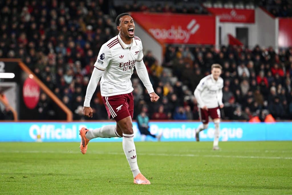 BOURNEMOUTH, ENGLAND - JANUARY 03: Gabriel of Arsenal celebrates scoring his team's first goal during the Premier League match between Bournemouth and Arsenal at Vitality Stadium on January 03, 2026 in Bournemouth, England. 