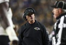 PITTSBURGH, PENNSYLVANIA - JANUARY 4: Head coach John Harbaugh of the Baltimore Ravens yells at an official during an NFL football game against the Pittsburgh Steelers at Acrisure Stadium on January 4, 2026 in Pittsburgh, Pennsylvania.