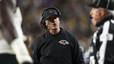 PITTSBURGH, PENNSYLVANIA - JANUARY 4: Head coach John Harbaugh of the Baltimore Ravens yells at an official during an NFL football game against the Pittsburgh Steelers at Acrisure Stadium on January 4, 2026 in Pittsburgh, Pennsylvania.