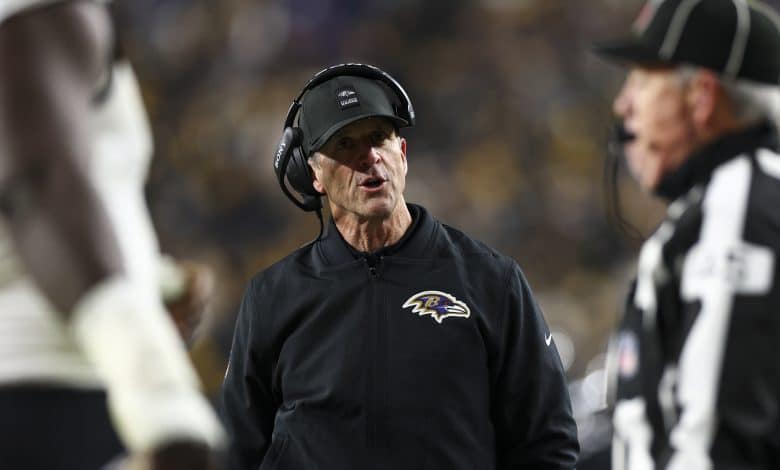 PITTSBURGH, PENNSYLVANIA - JANUARY 4: Head coach John Harbaugh of the Baltimore Ravens yells at an official during an NFL football game against the Pittsburgh Steelers at Acrisure Stadium on January 4, 2026 in Pittsburgh, Pennsylvania.