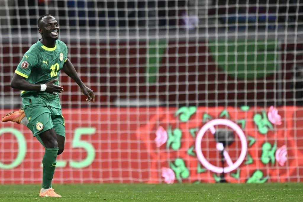 Senegal's forward #10 Sadio Mane celebrates his goal during the AFCON (CAN) semi-final football match between Senegal and Egypt at the Grand stadium in Tangiers on January 14, 2026. 