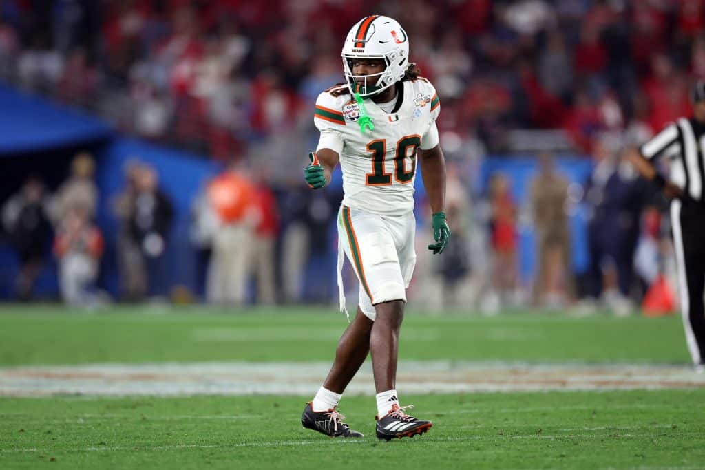 Malachi Toney #10 of the Miami Hurricanes in action during the 2025 College Football Playoff Semifinal at the VRBO Fiesta Bowl against the Ole Miss Rebels at State Farm Stadium on January 08, 2026 in Glendale, Arizona. The Hurricanes defeated the Rebels 31-27. 