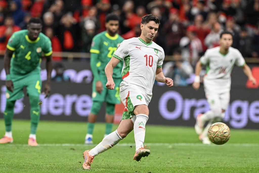 Morocco's forward #10 Brahim Diaz kicks the ball to miss a penalty during the Africa Cup of Nations (CAN) final football match between Senegal and Morocco at the Prince Moulay Abdellah Stadium in Rabat on January 18, 2026. 