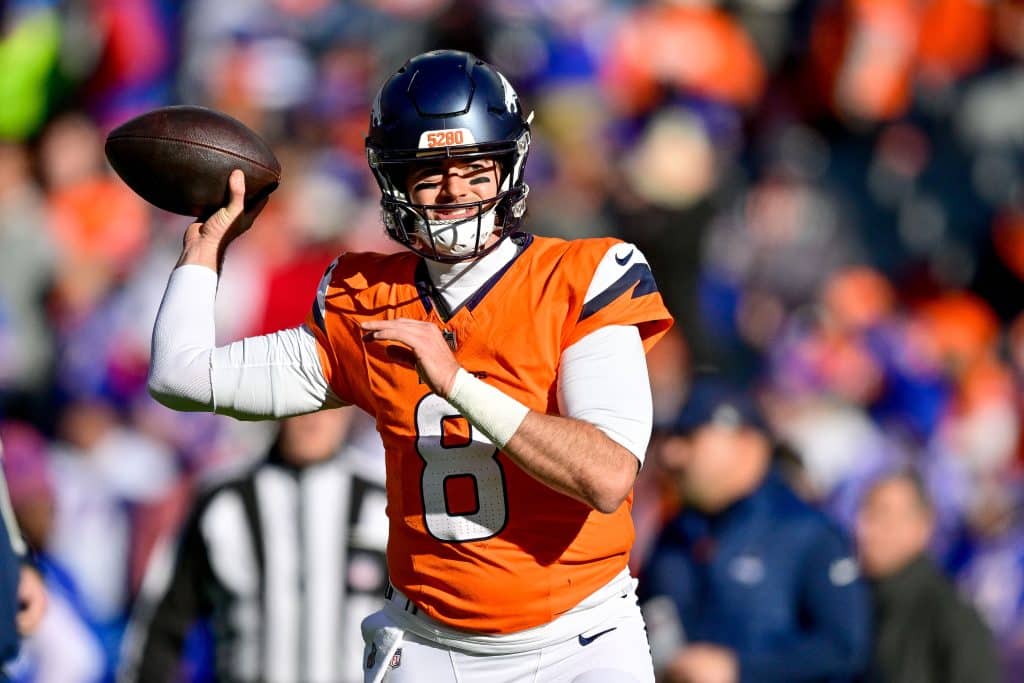 DENVER, CO - JANUARY 17: Denver Broncos quarterback Jarrett Stidham (8) warms up before the AFC Divisional Round game against the Buffalo Bills at Empower Field at Mile High on January 17, 2026 in Denver, Colorado.