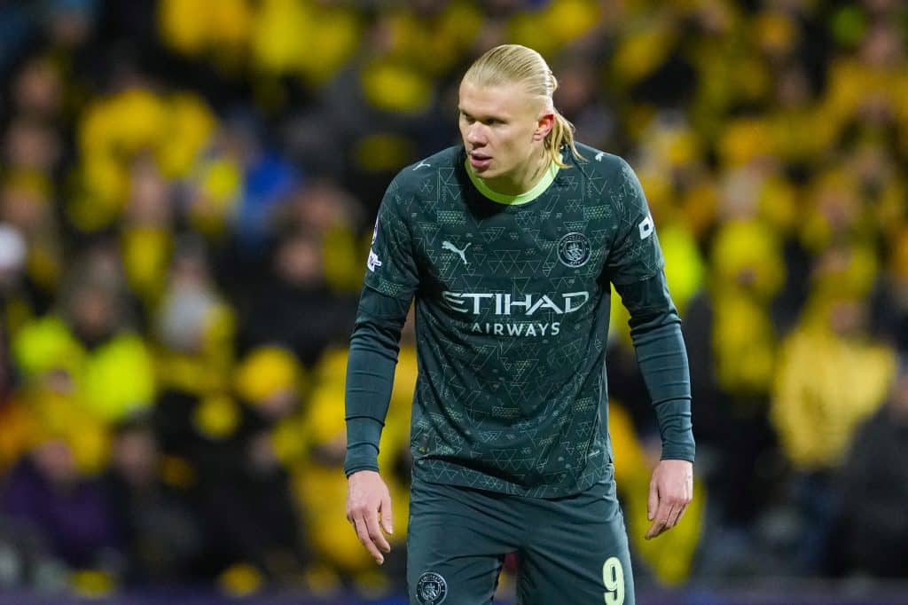 Manchester City's Norwegian striker #09 Erling Haaland reacts during the UEFA Champions League, league Phase - day 7 football match between Bodoe/Glimt and Manchester City in Bodoe, Norway on January 20, 2026. 