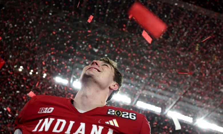 MIAMI GARDENS, FLORIDA - JANUARY 19: Fernando Mendoza #15 of the Indiana Hoosiers celebrates after defeating Miami Hurricanes 27-21 in the 2026 College Football Playoff National Championship at Hard Rock Stadium on January 19, 2026 in Miami Gardens, Florida.