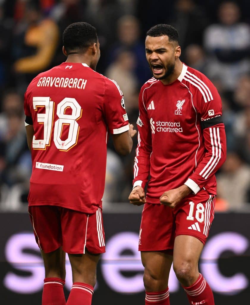 MARSEILLE, FRANCE - JANUARY 21: (THE SUN OUT, THE SUN ON SUNDAY OUT) Cody Gakpo of Liverpool celebrates scoring his team's third goal with teammate Ryan Gravenberch during the UEFA Champions League 2025/26 League Phase MD7 match between Olympique de Marseille and Liverpool FC at Stade de Marseille on January 21, 2026 in Marseille, France. 