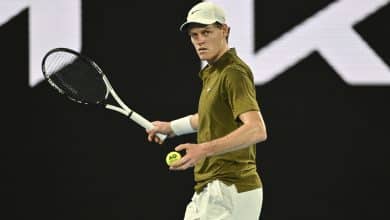 MELBOURNE, AUSTRALIA - JANUARY 28: Jannik Sinner (ITA) in action against Ben Shelton (USA) (not seen) during the Quarterfinals at the Australian Open grand slam tennis tournament at Melbourne Park in Melbourne, Australia on January 28, 2026