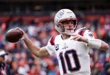 DENVER, COLORADO - JANUARY 25: Drake Maye #10 of the New England Patriots warms up prior to the AFC Championship Playoff game between the New England Patriots and the Denver Broncos at Empower Field At Mile High on January 25, 2026 in Denver, Colorado.