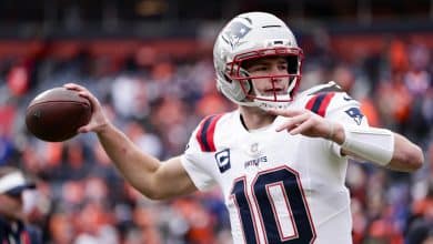 DENVER, COLORADO - JANUARY 25: Drake Maye #10 of the New England Patriots warms up prior to the AFC Championship Playoff game between the New England Patriots and the Denver Broncos at Empower Field At Mile High on January 25, 2026 in Denver, Colorado.