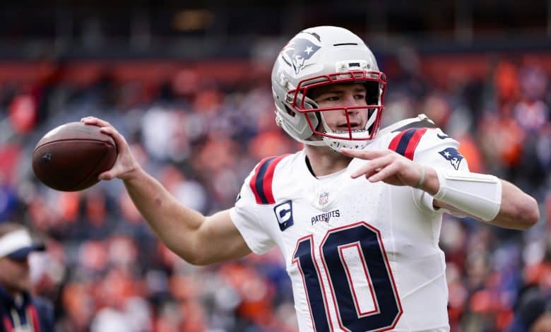 DENVER, COLORADO - JANUARY 25: Drake Maye #10 of the New England Patriots warms up prior to the AFC Championship Playoff game between the New England Patriots and the Denver Broncos at Empower Field At Mile High on January 25, 2026 in Denver, Colorado.