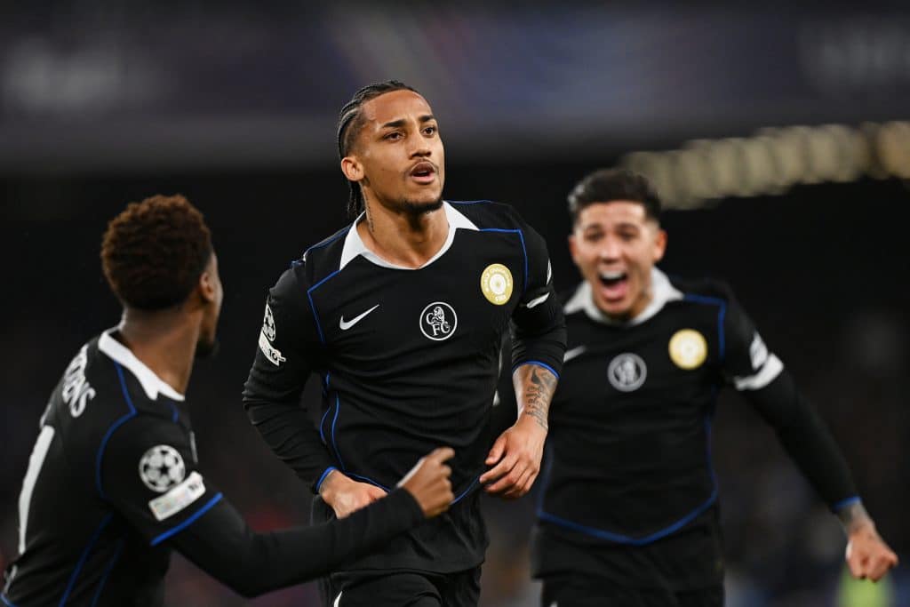 NAPLES, ITALY - JANUARY 28: Joao Pedro of Chelsea celebrates scoring his team's second goal during the UEFA Champions League 2025/26 League Phase MD8 match between SSC Napoli and Chelsea FC at Stadio Diego Armando Maradona on January 28, 2026 in Naples, Italy. 
