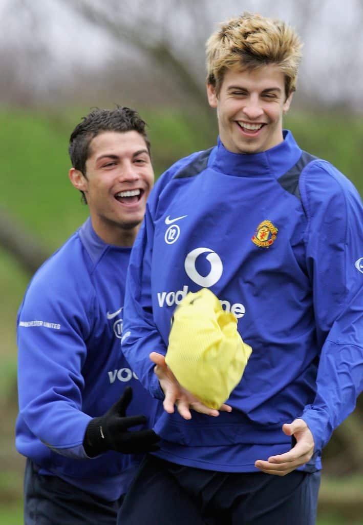 MANCHESTER, ENGLAND - MARCH 28: Gerard Pique and Cristiano Ronaldo of Manchester United in action during a first team training session at Carrington Training Ground on March 28 2006, in Manchester, England.