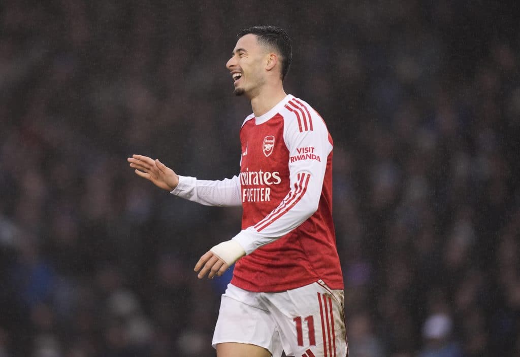 Arsenal's Gabriel Martinelli celebrates scoring their side's third goal of the game during the Emirates FA Cup third round match at Fratton Park, Portsmouth. Picture date: Sunday January 11, 2026. 