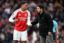 LONDON, ENGLAND - OCTOBER 26: Mikel Arteta, Manager of Arsenal, speaks with Gabriel of Arsenal during the Premier League match between Arsenal and Crystal Palace at Emirates Stadium on October 26, 2025 in London, England.