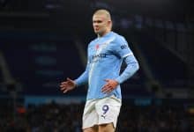 MANCHESTER, ENGLAND - NOVEMBER 02: Erling Haaland of Manchester City celebrates after scoring their first goal during the Premier League match between Manchester City and Bournemouth at Etihad Stadium on November 02, 2025 in Manchester, England.