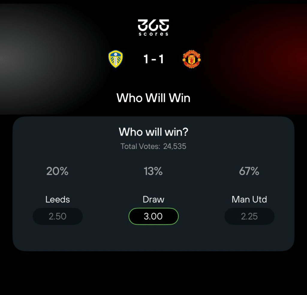 Leeds vs Man Utd who will win screen via 365Scores