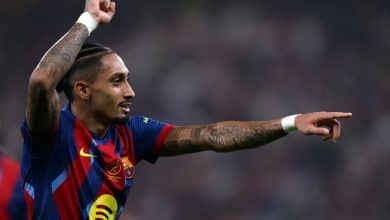 JEDDAH, SAUDI ARABIA - JANUARY 07: Raphinha of FC Barcelona celebrates scoring his team's fourth goal during the Spanish Super Cup Semi-Final match between Barcelona and Athletic Club at King Abdullah Sports City Hall Stadium on January 07, 2026 in Jeddah, Saudi Arabia.