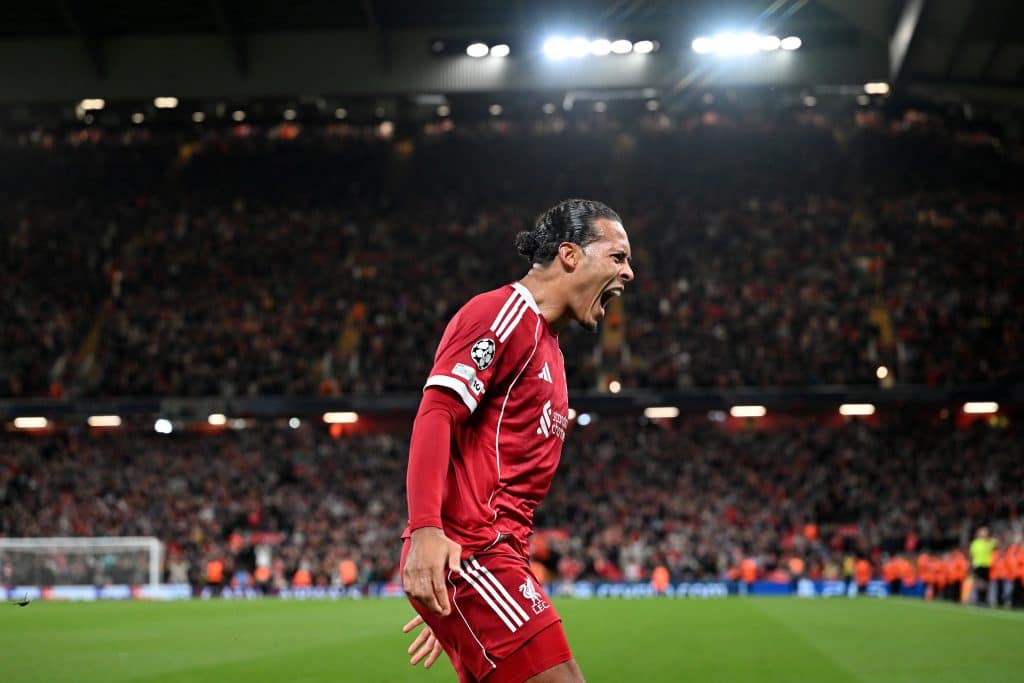 LIVERPOOL, ENGLAND - SEPTEMBER 17: (THE SUN OUT, THE SUN ON SUNDAY OUT) Virgil van Dijk of Liverpool celebrates scoring his team's third goal during the UEFA Champions League 2025/26 League Phase MD1 match between Liverpool FC and Atletico de Madrid at Anfield on September 17, 2025 in Liverpool, England. 