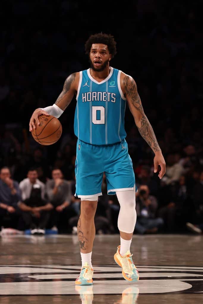 NEW YORK, NEW YORK - MARCH 27: Miles Bridges #0 of the Charlotte Hornets in action against the Brooklyn Nets at Barclays Center on March 27, 2022 in New York City. 