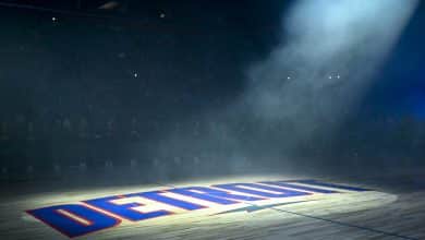 DETROIT, MICHIGAN - DECEMBER 12: The Detroit Pistons logo is pictured center court before the game against the Brooklyn Nets at Little Caesars Arena on December 12, 2021 in Detroit, Michigan. NOTE TO USER: User expressly acknowledges and agrees that, by downloading and or using this photograph, User is consenting to the terms and conditions of the Getty Images License Agreement.