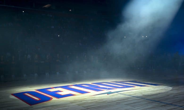 DETROIT, MICHIGAN - DECEMBER 12: The Detroit Pistons logo is pictured center court before the game against the Brooklyn Nets at Little Caesars Arena on December 12, 2021 in Detroit, Michigan. NOTE TO USER: User expressly acknowledges and agrees that, by downloading and or using this photograph, User is consenting to the terms and conditions of the Getty Images License Agreement.