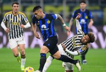 MILAN, ITALY - FEBRUARY 04: Lautaro Martinez of FC Internazionale competes for the ball with Weston Mckennie of Juventus during the Serie A TIM match between FC Internazionale and Juventus - Serie A TIM at Stadio Giuseppe Meazza on February 04, 2024 in Milan, Italy.