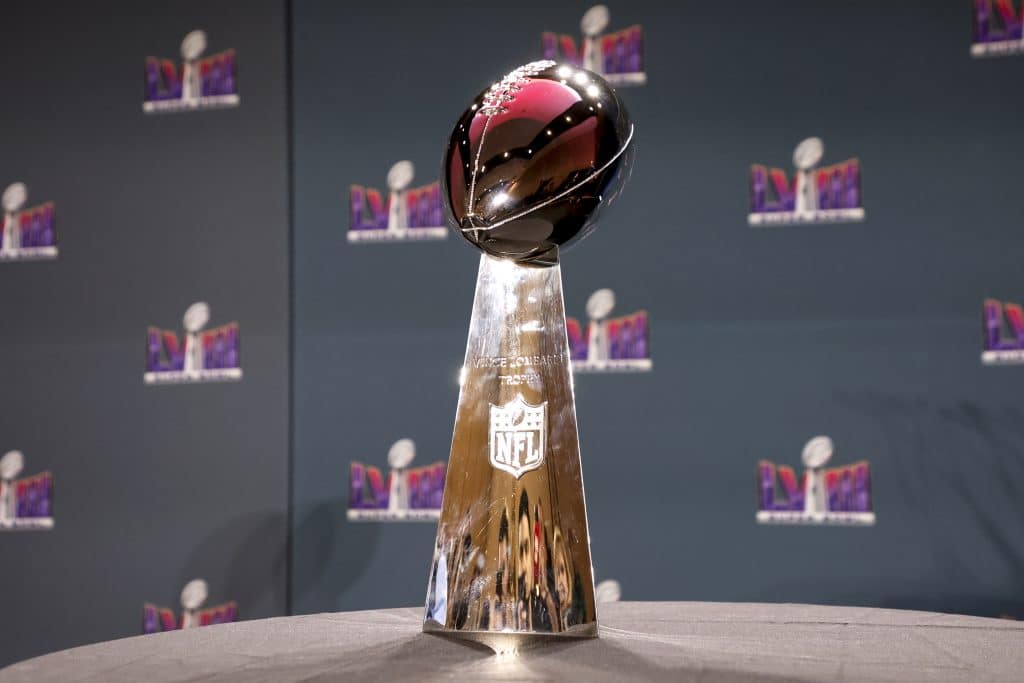LAS VEGAS, NEVADA - FEBRUARY 12: A general view of The Vince Lombardi Trophy during the Super Bowl Winning Team Head Coach and MVP Press Conference at the Mandalay Bay North Convention Center on February 12, 2024 in Las Vegas, Nevada. 
