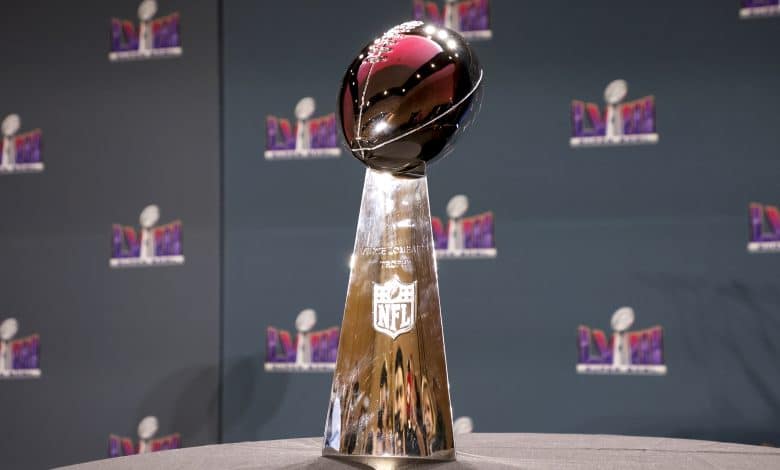 A general view of The Vince Lombardi Trophy during the Super Bowl Winning Team Head Coach and MVP Press Conference at the Mandalay Bay North Convention Center on February 12, 2024 in Las Vegas, Nevada.