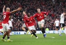 MANCHESTER, ENGLAND - FEBRUARY 01: Benjamin Sesko of Manchester United celebrates scoring his team's third goal during the Premier League match between Manchester United and Fulham at Old Trafford on February 01, 2026 in Manchester, England.