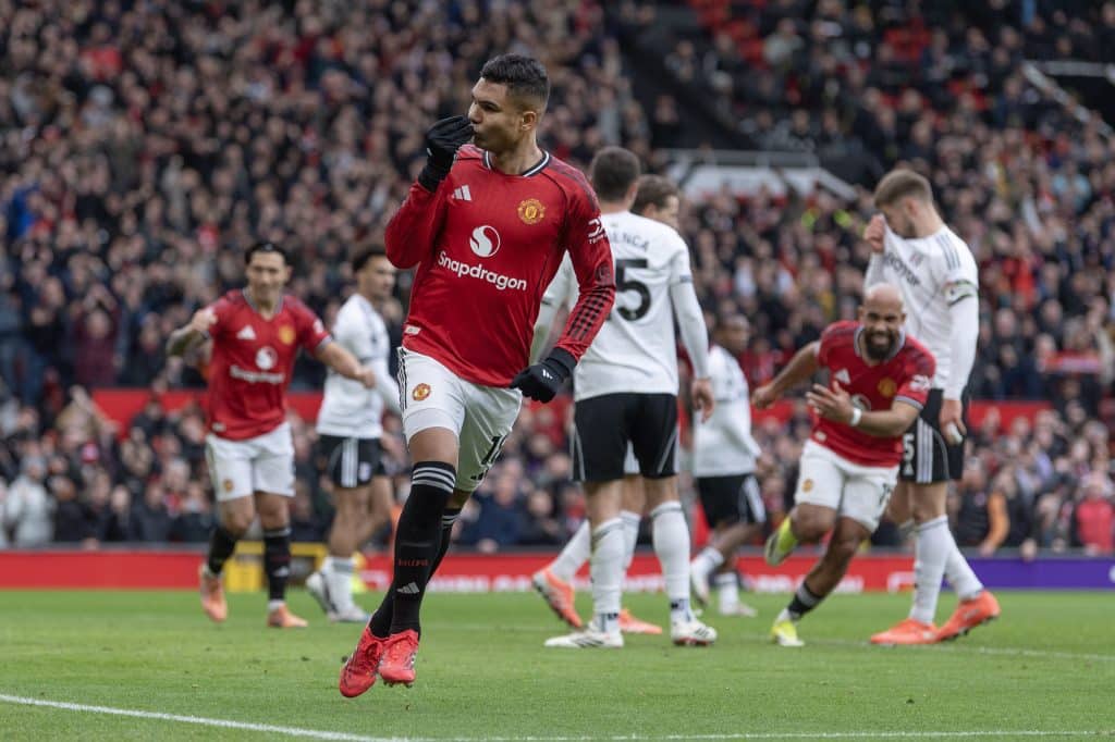 MANCHESTER, ENGLAND - FEBRUARY 1: Casemiro of Manchester United scores the first goal during the Premier League match between Manchester United and Fulham at Old Trafford on February 1, 2026 in Manchester, England. 