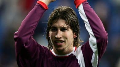 MADRID, SPAIN - DECEMBER 22: Sevilla's Sergio Ramos salutes fans after beating Real Madrid 1-0 during the Primera Liga match between Real Madrid and Sevilla at the Bernabeu on December 22, 2004 in Madrid, Spain.