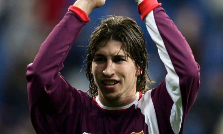 MADRID, SPAIN - DECEMBER 22: Sevilla's Sergio Ramos salutes fans after beating Real Madrid 1-0 during the Primera Liga match between Real Madrid and Sevilla at the Bernabeu on December 22, 2004 in Madrid, Spain.