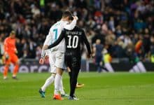 MADRID, SPAIN - FEBRUARY 14: Cristiano Ronaldo of Real Madrid hugs Neymar of Paris Saint-Germain after the UEFA Champions League Round of 16 First Leg match between Real Madrid and Paris Saint-Germain at Bernabeu on February 14, 2018 in Madrid, Spain.