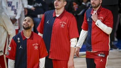 INDIANAPOLIS , IN - FEBRUARY 18: Nikola Jokic (15) of the Denver Nuggets warms up with Steph Curry (30) of the Golden State Warriors and Luka Doncic (77) of the Dallas Mavericks during the NBA All-Star game at Gainbridge Fieldhouse in Indianapolis, Indiana on Sunday, February 18, 2024.
