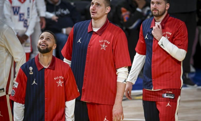 INDIANAPOLIS , IN - FEBRUARY 18: Nikola Jokic (15) of the Denver Nuggets warms up with Steph Curry (30) of the Golden State Warriors and Luka Doncic (77) of the Dallas Mavericks during the NBA All-Star game at Gainbridge Fieldhouse in Indianapolis, Indiana on Sunday, February 18, 2024.