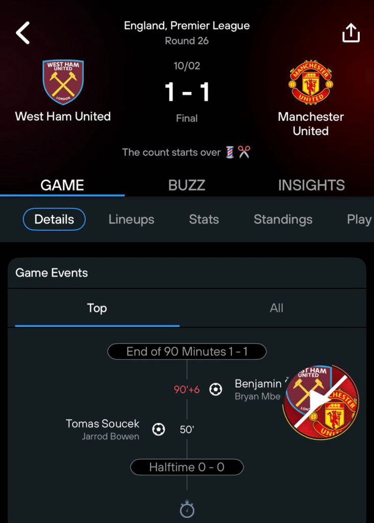 West Ham vs Manchester United final result game center in 365Scores app, with "The count starts over" description reffering to Frank Ilett not getting a haircut