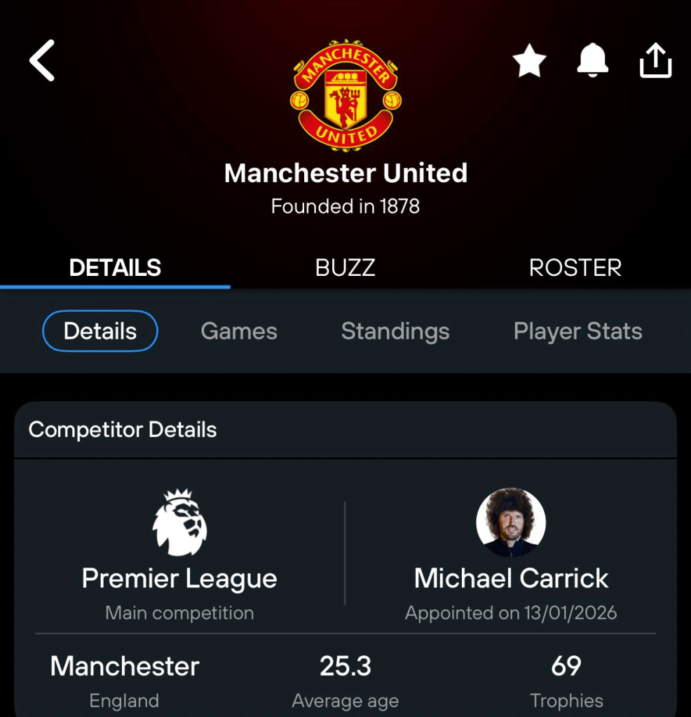Manchester United team details in 365Scores app with the Frank Ilett haircut