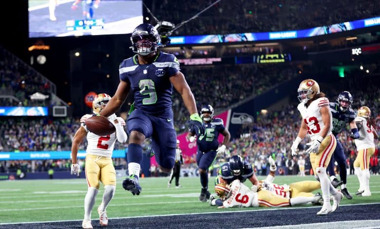 Seattle Seahawks Kenneth Walker III (9) runs in for a touchdown during the NFC Divisional Round playoff game between the San Francisco 49ers and Seattle Seahawks in Seattle, Wash. on Saturday, Jan. 17, 2026.